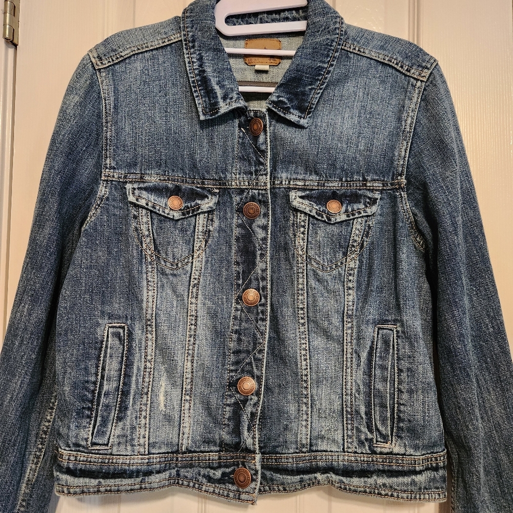 🦅American Eagle Outfitters Cropped Distressed Denim Jacket Size Large - Picture 3 of 12
